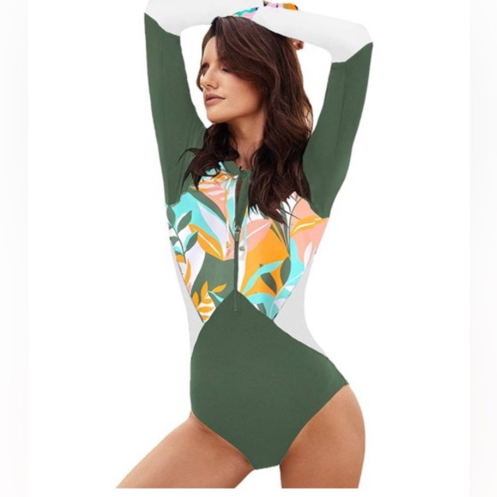 Women’s long sleeve rash guard one piece swim suit Sage green/print Larg…